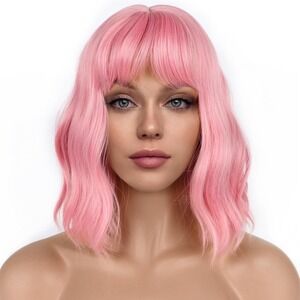 LANCAINI Pastel Pink Bob Wig Bangs Loose Wavy Shoulder Length Synthetic Cosplay